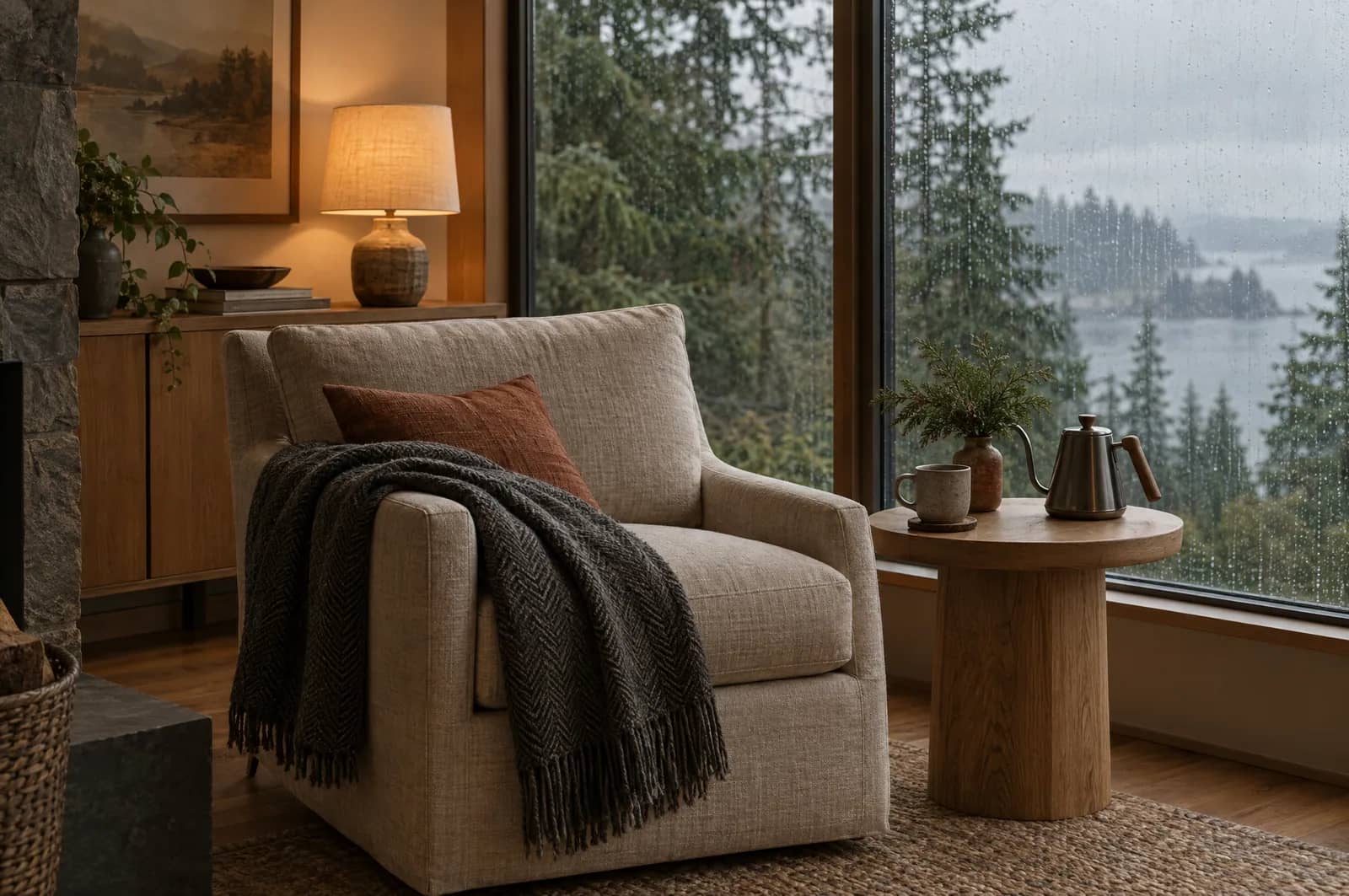 Linen armchair with a wool throw beside a rainy window and evergreen trees