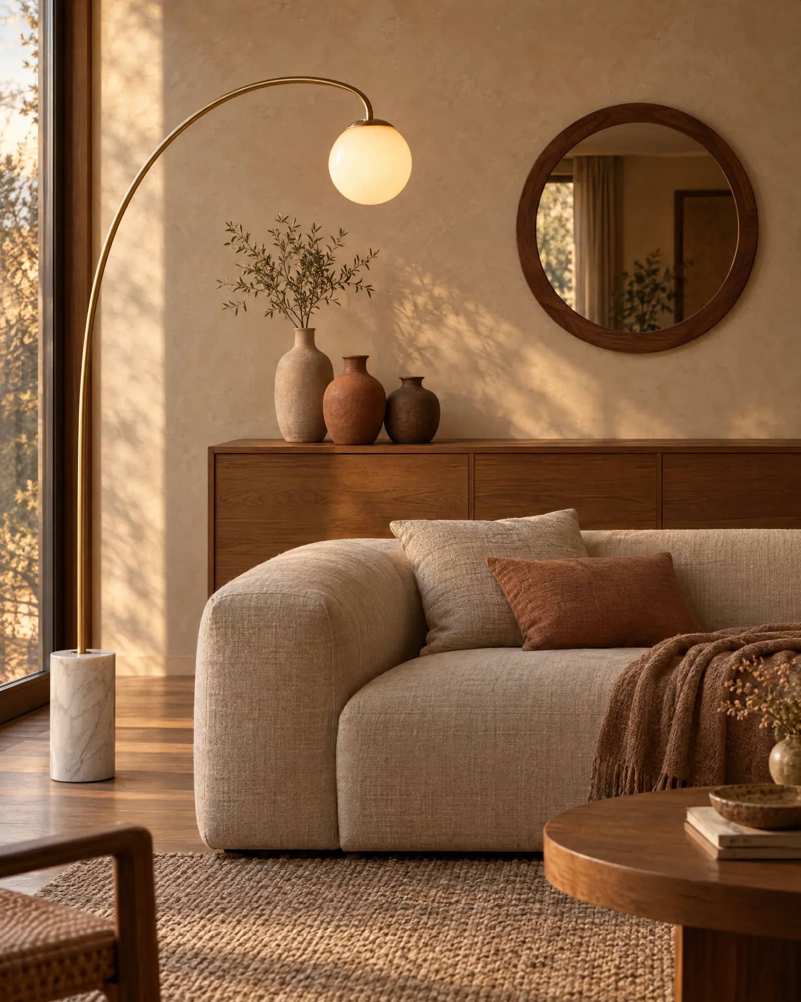 Brass arc floor lamp over a linen sofa with a round walnut mirror and stoneware vases