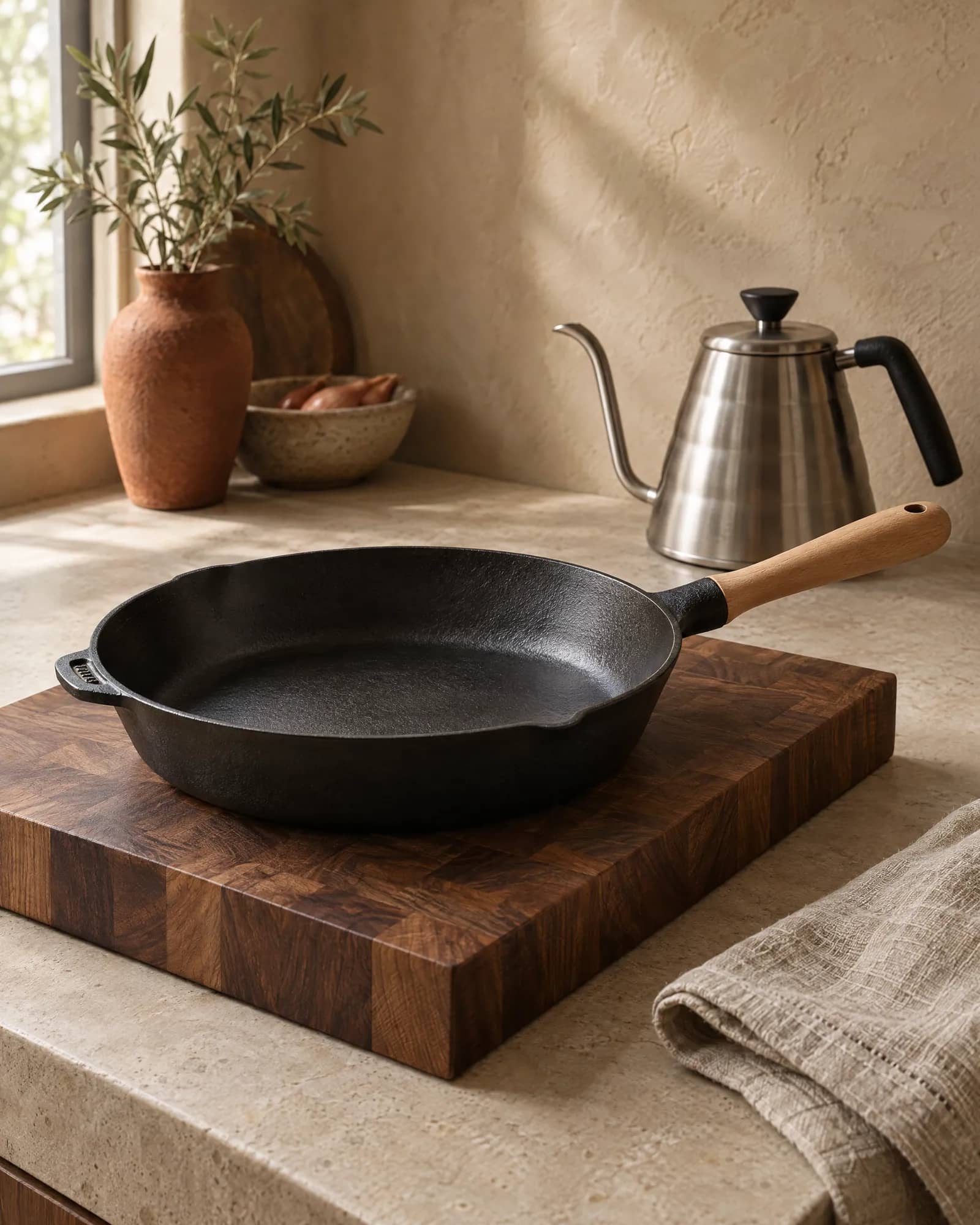 Cast iron skillet on an end-grain walnut board beside a gooseneck kettle
