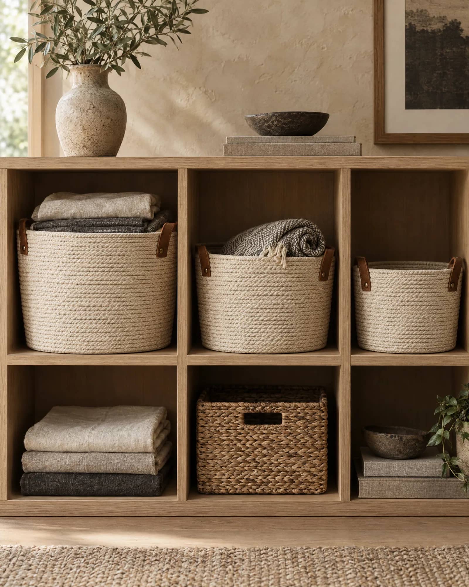 Woven cotton rope bins in oak cube shelving holding folded linens