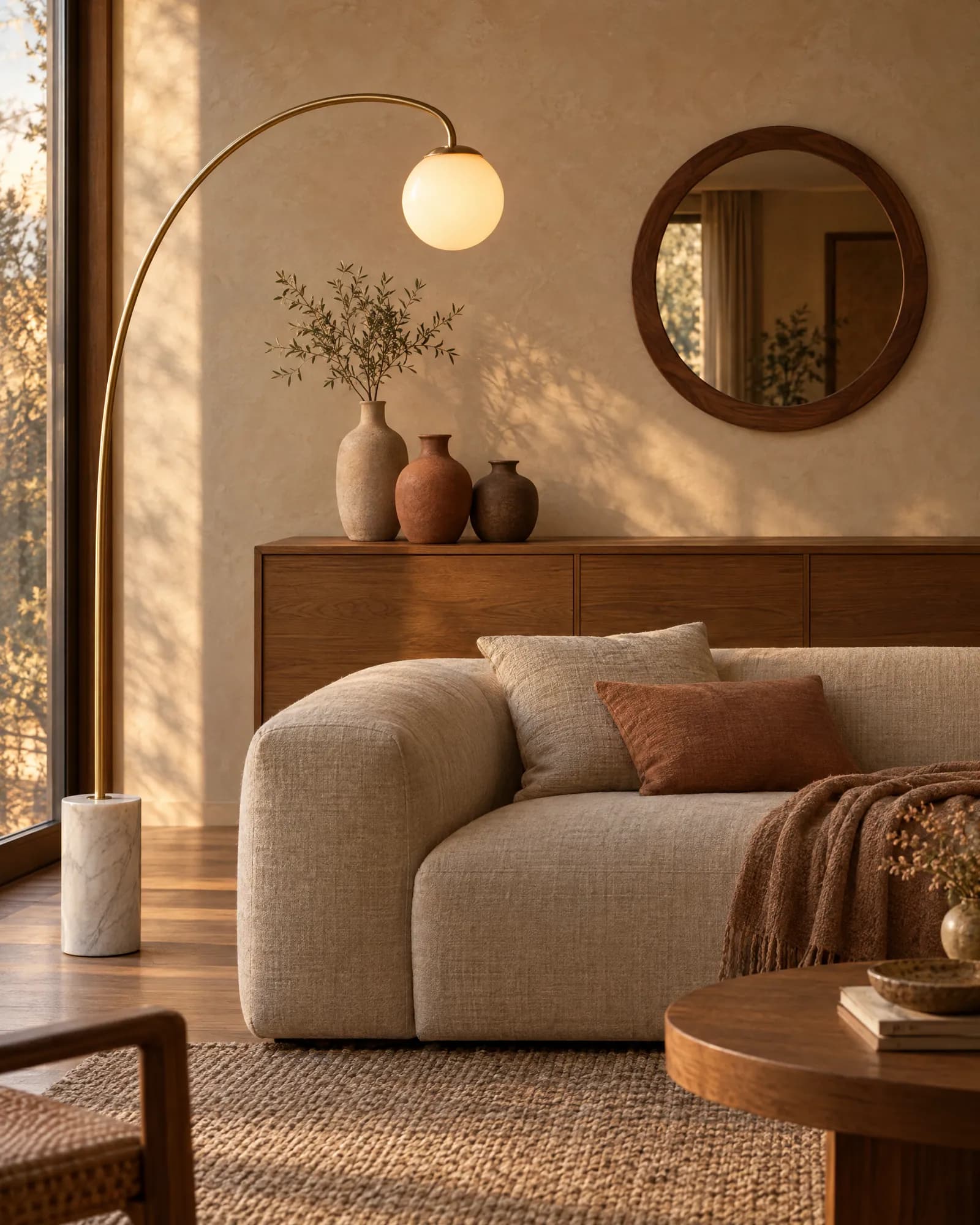 Brass arc floor lamp over a linen sofa with a round walnut mirror and stoneware vases