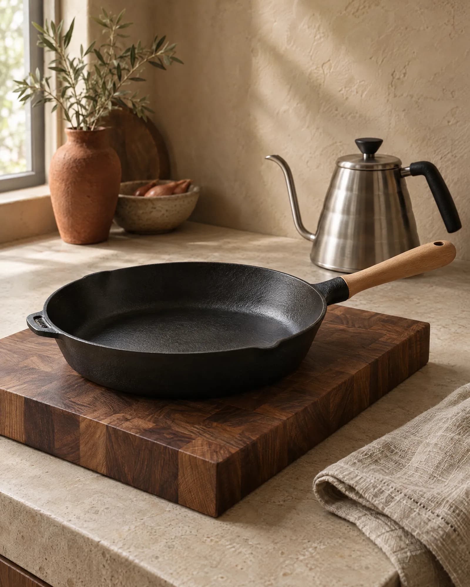 Cast iron skillet on an end-grain walnut board beside a gooseneck kettle
