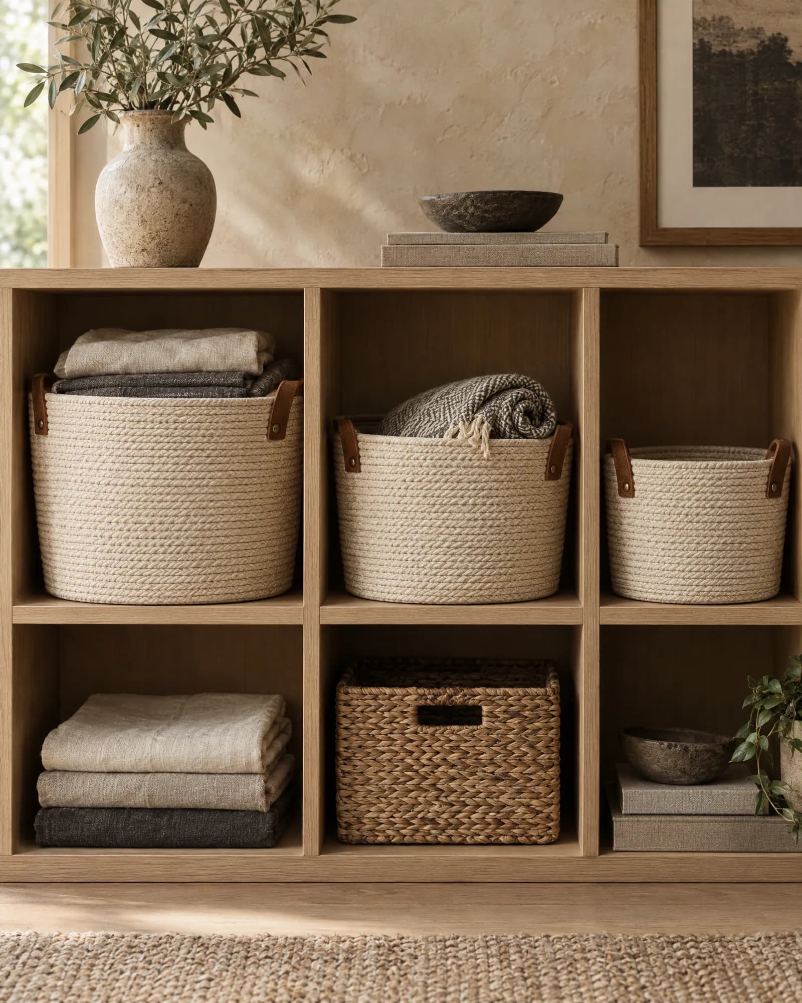 Woven cotton rope bins in oak cube shelving holding folded linens