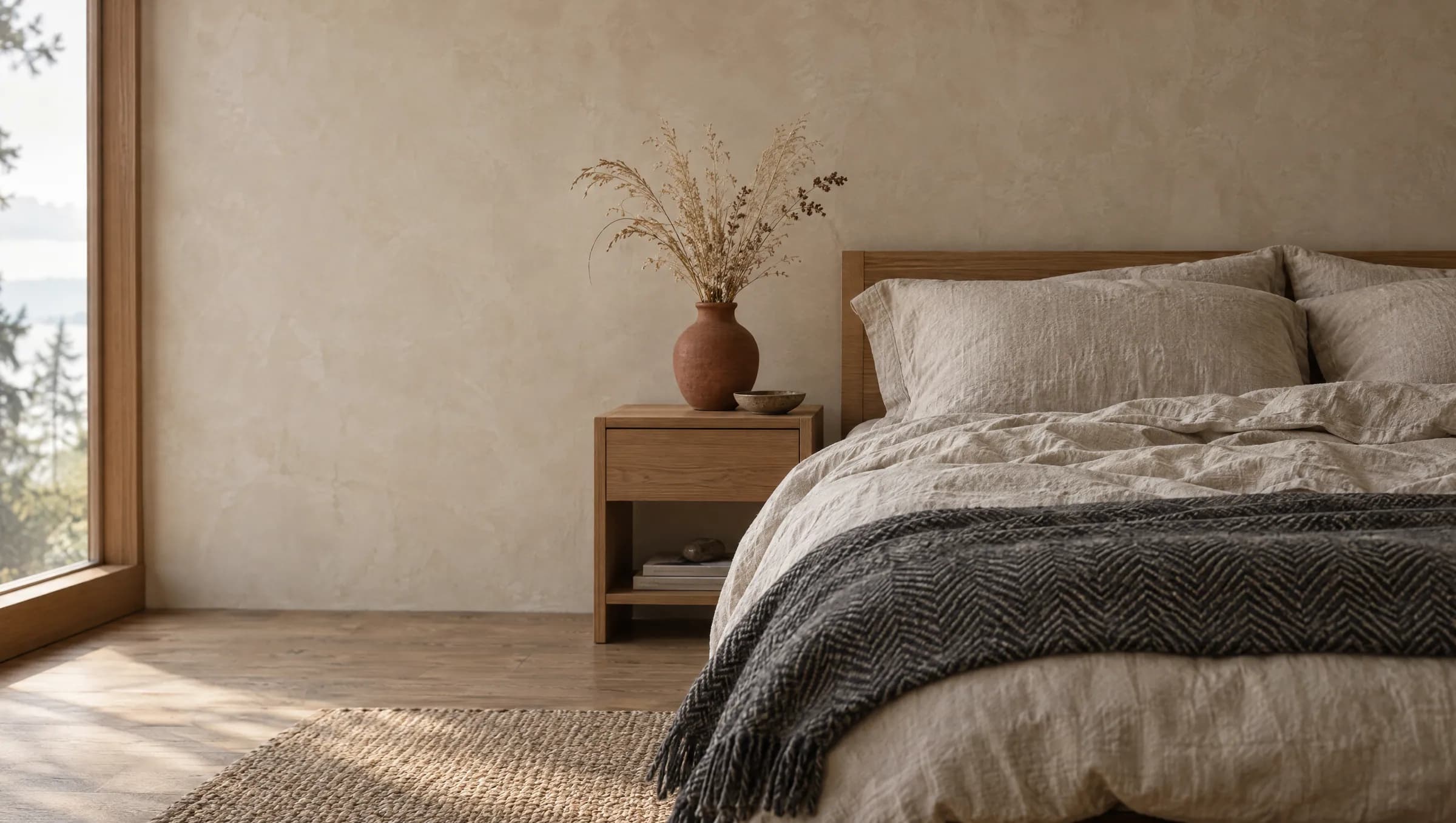 A calm bedroom in morning light with an oatmeal linen duvet and a charcoal wool throw