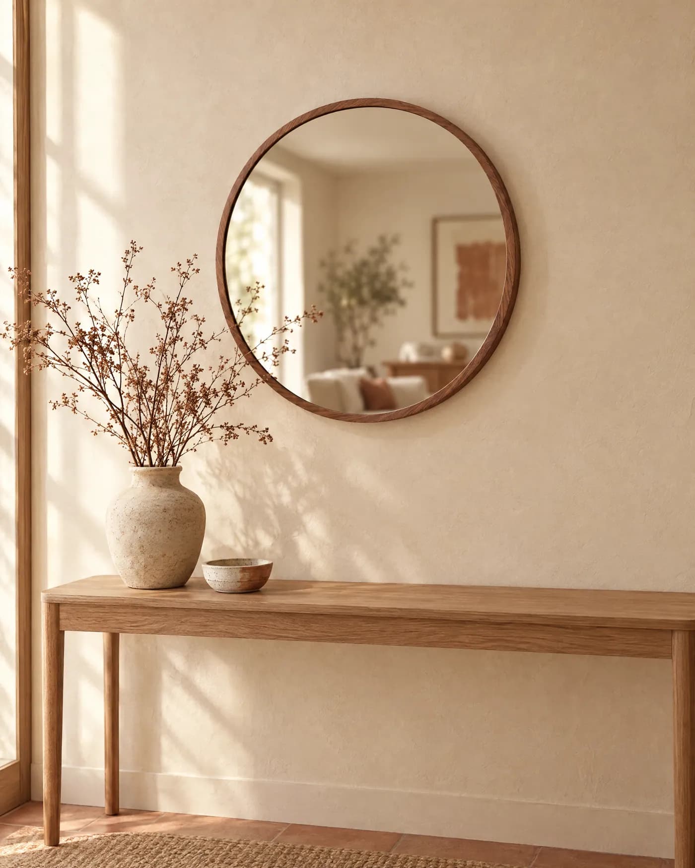 Gallery Round Walnut Wall Mirror at home